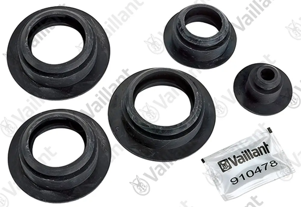 Dichtungen in verschiedenen Größen für Vaillant Produkte. Abgebildet sind insgesamt fünf Gummidichtungen in Schwarz, verpackt in einer durchsichtigen Tüte.